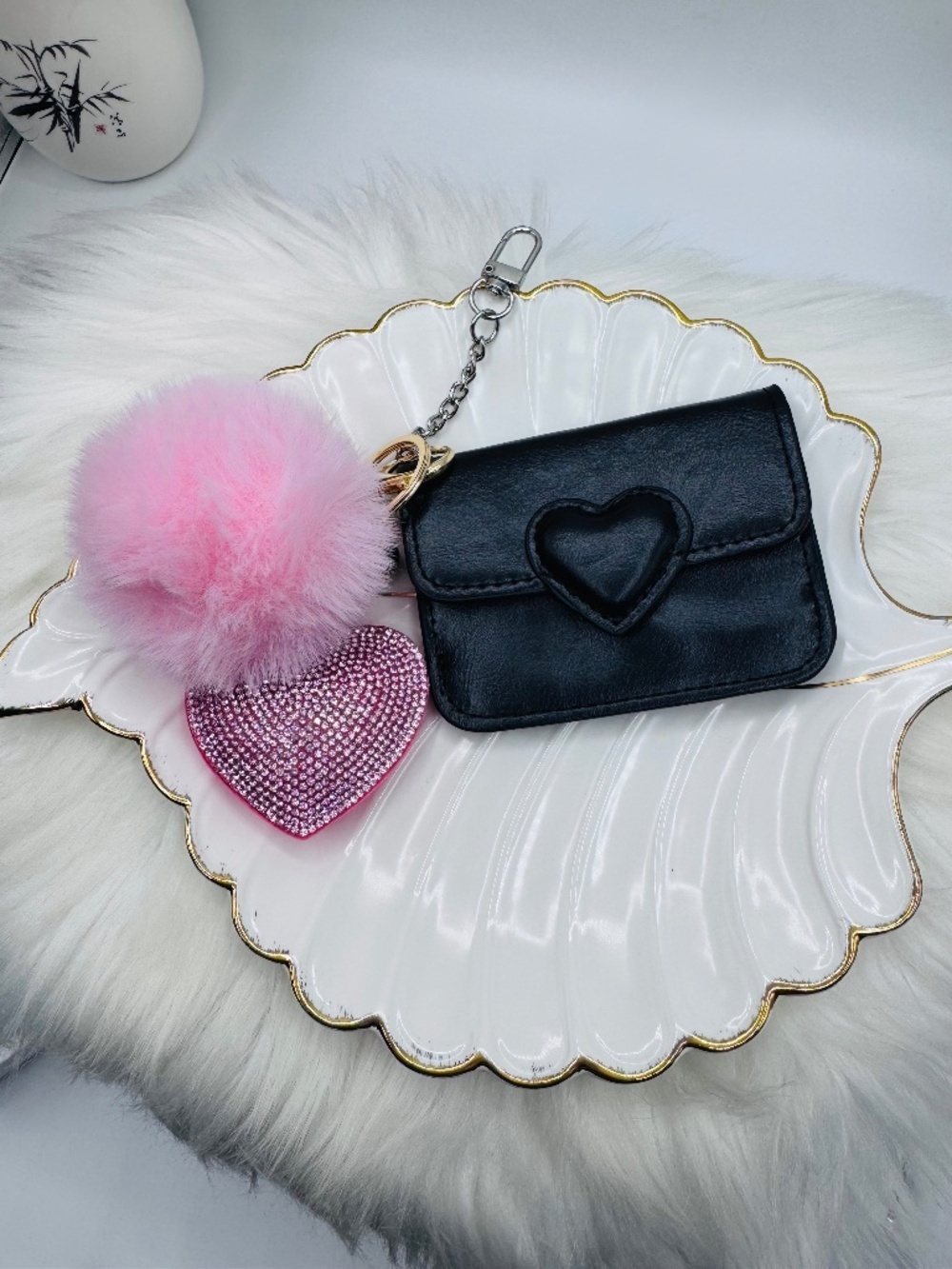 Black Heart Card Case - Faux Leather and Pinky Heart Charm